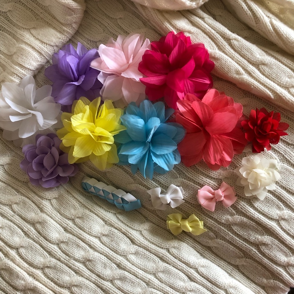 Girls flower & ribbon bows pink white blue purple